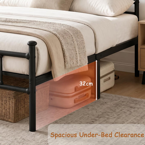 Apextella Home 4ft6 Double Bed Frame Heavy Duty Steel Bed with Headboard and Footboard Black Metal Slat Support and 32cm Underbed Storage Space Easy