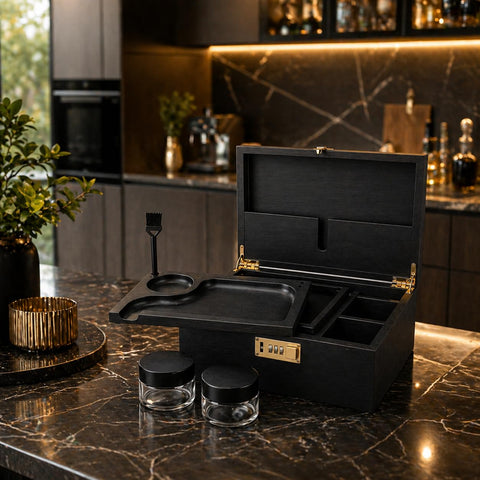 UkGlass Large Bamboo Wooden Stash Box with combination Lock, Rolling Tray and Glass Storage Jars