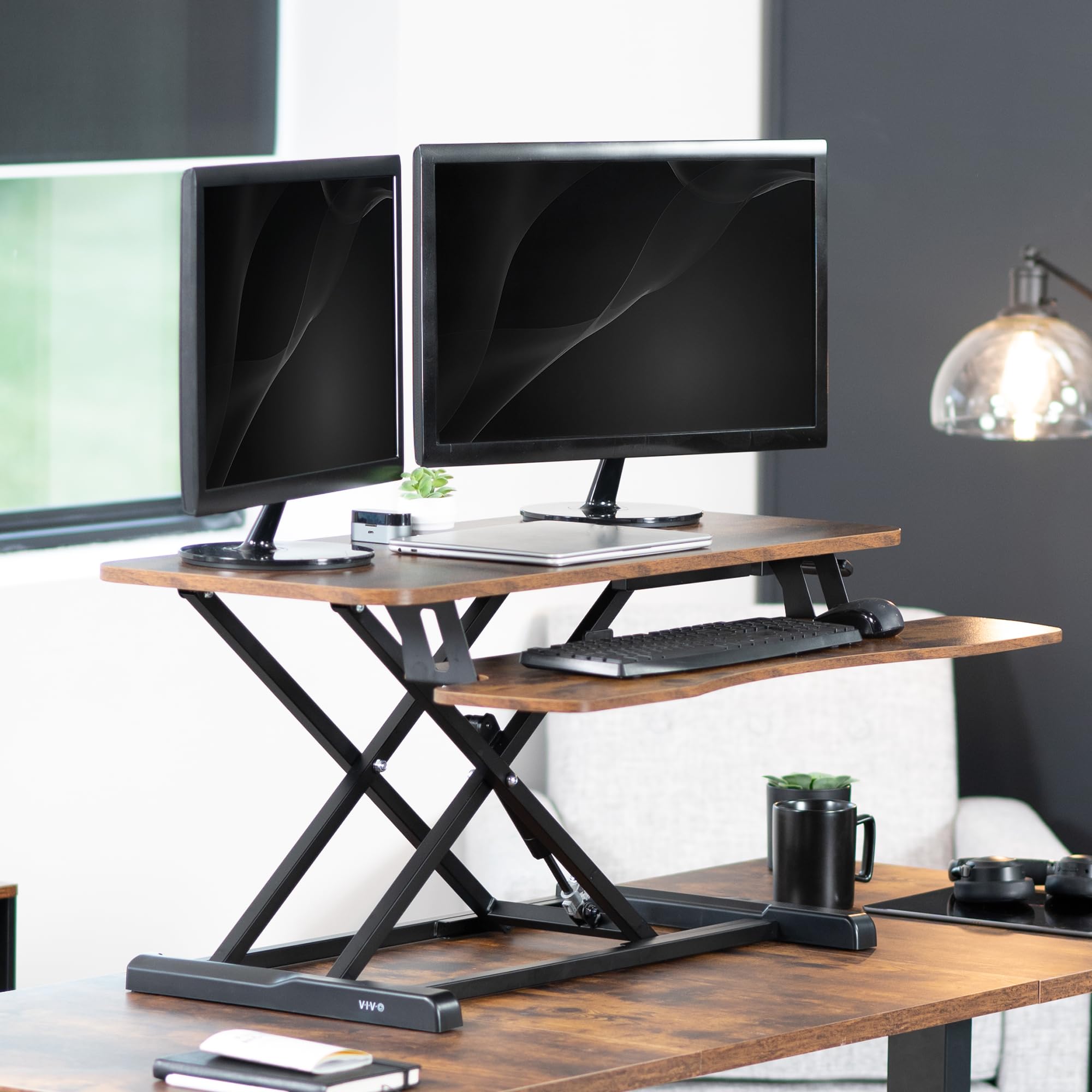 VIVO 91 cm Desk Converter, K Series, Height Adjustable Sit to Stand Riser, Dual Monitor and Laptop Workstation with Wide Keyboard Tray