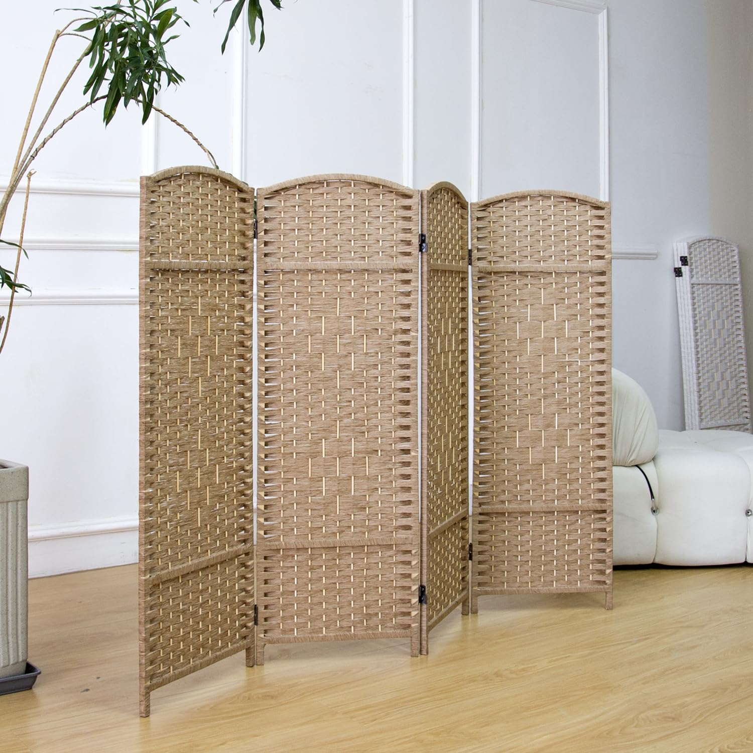 Furnnylane 4 Panel Light Brown Rattan Divider Short Room Partition Screen,Double Sided Short Folding Divider for Room Separation,120 cm Tall