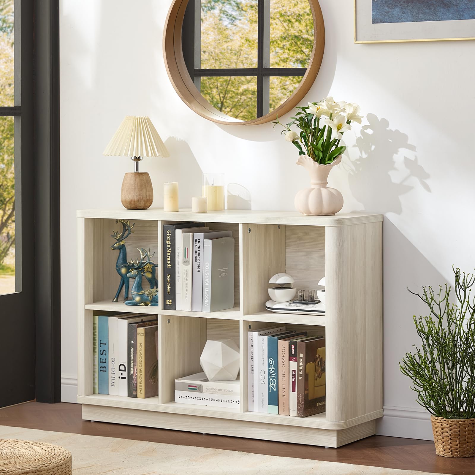 LELELINKY 6 Cube Storage Bookcase, 40" Wide Wooden Book Shelf with Thickened Base, Freestanding 2-Tier Open Book Case Unit with Curved Edge