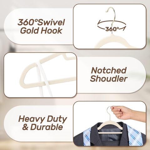 Sishynio Premium Velvet Hangers 30 Pack with Gold Hooks, Non-Slip, Space Saving Felt Clothes Hangers, Sturdy Slim Flocked Hanger for Dresses, Coats