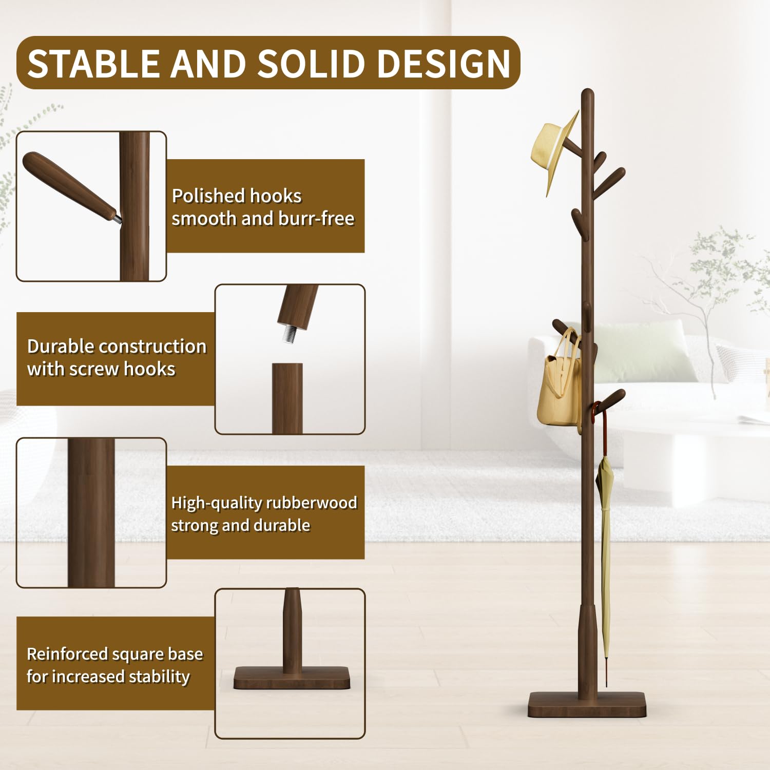 Solid Wood Square Base Coat Rack, Free Standing Hall Coat Tree with 8 Hooks（+2 spare) for Coats, Hats, Bags, Purses, for Entryway, Hallway
