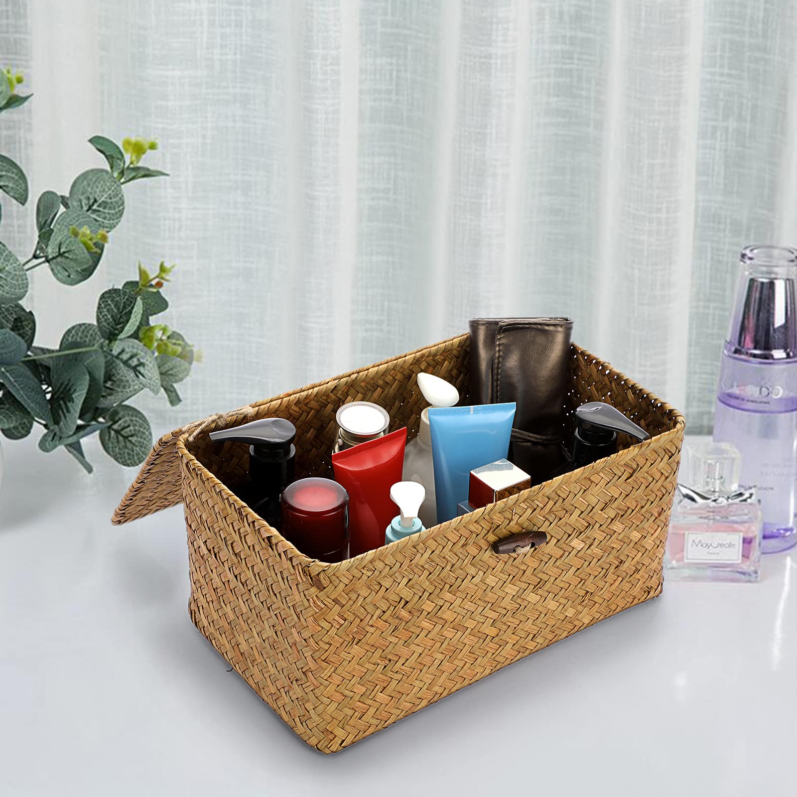 IGNPION Seagrass Storage Basket with Lid Woven Seagrass Rectangular Bathroom Storage Organiser Box