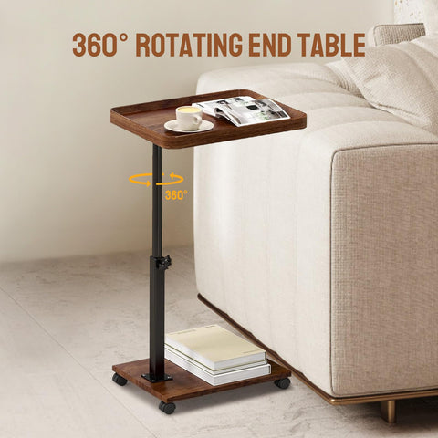 YYW Adjustable C Shaped Side Table with Wheels, 360° Swivel Sofa Table