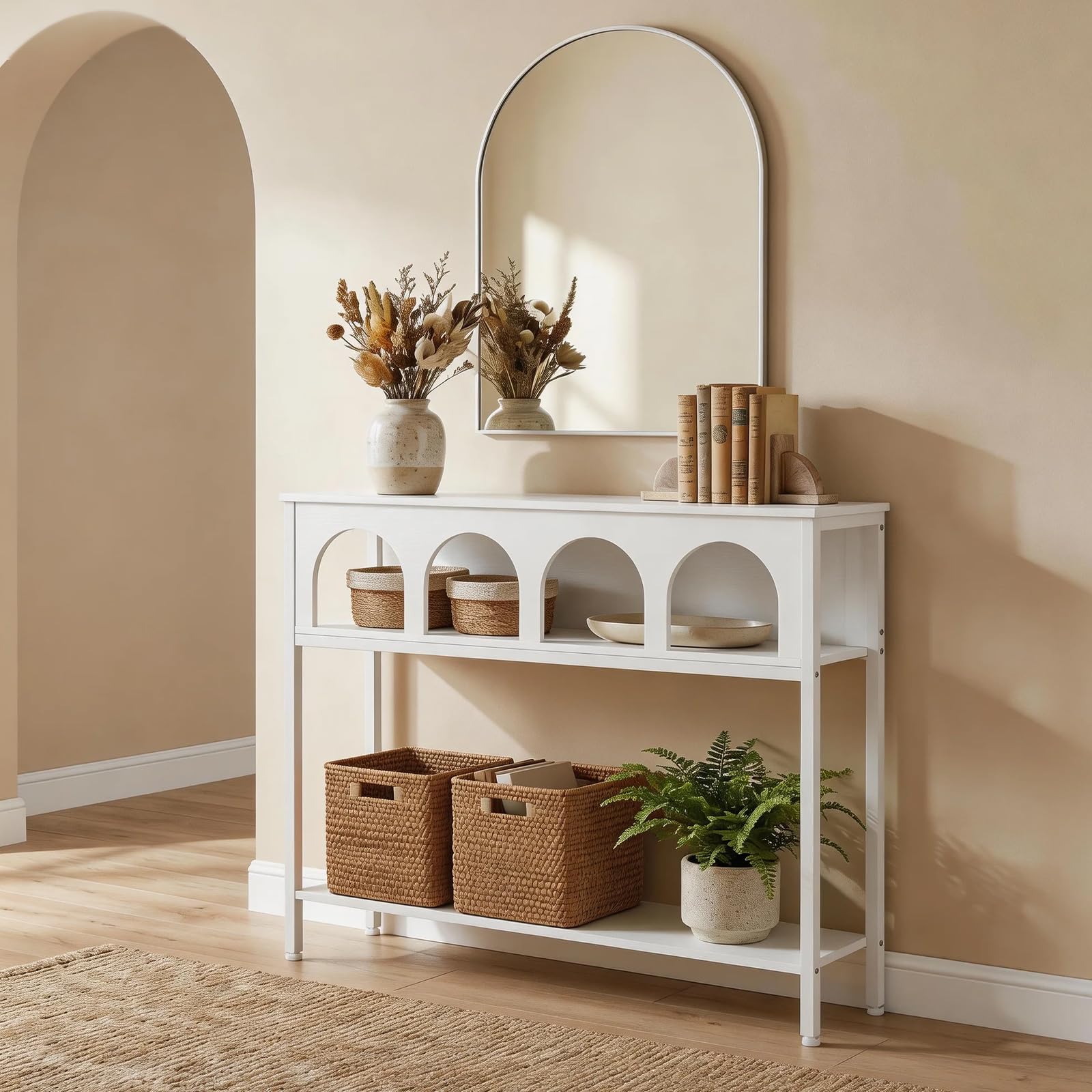 HOOBRO 100 cm Console Table with 3-Tier Storage, Arched Hallway Table with Sturdy Metal Frame, Narrow Sofa Table Behind Couch for Living Room