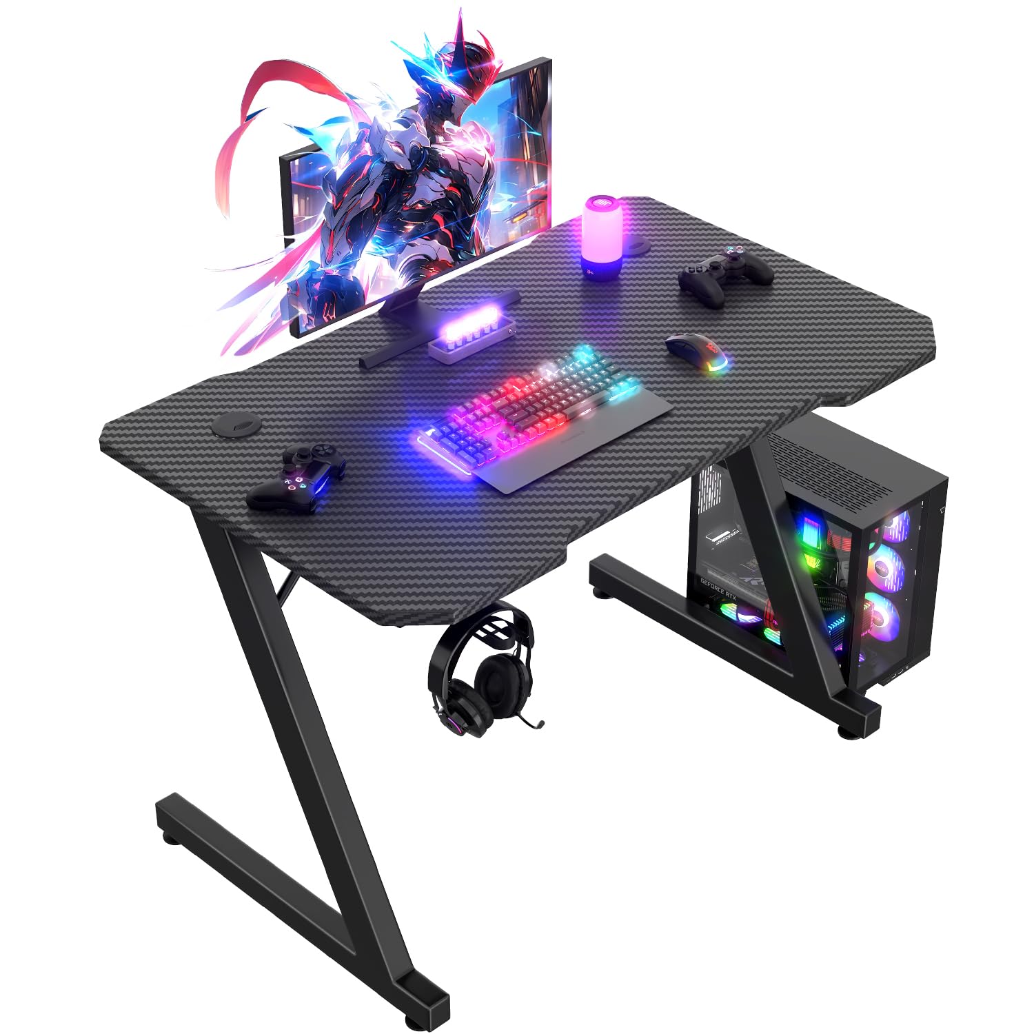 JUMMICO Gaming Desk 80 x 50 cm, Z Shaped Gaming Table Computer Desk PC Gamer Desk for Home Office, Gaming Desk with Headphone Hook, Black