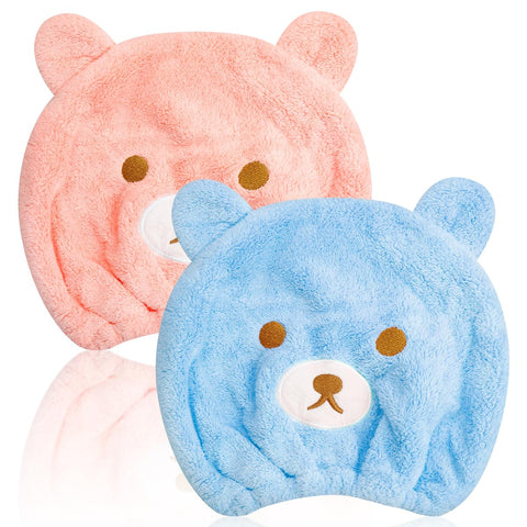 GLADFRESIT 2Pcs Ultra Absorbent Bath Caps, Cute Bear Hair Drying Wrap Towel for Kids, Velvet Quick Dry Head Towel Cap for Girls Shower Spa