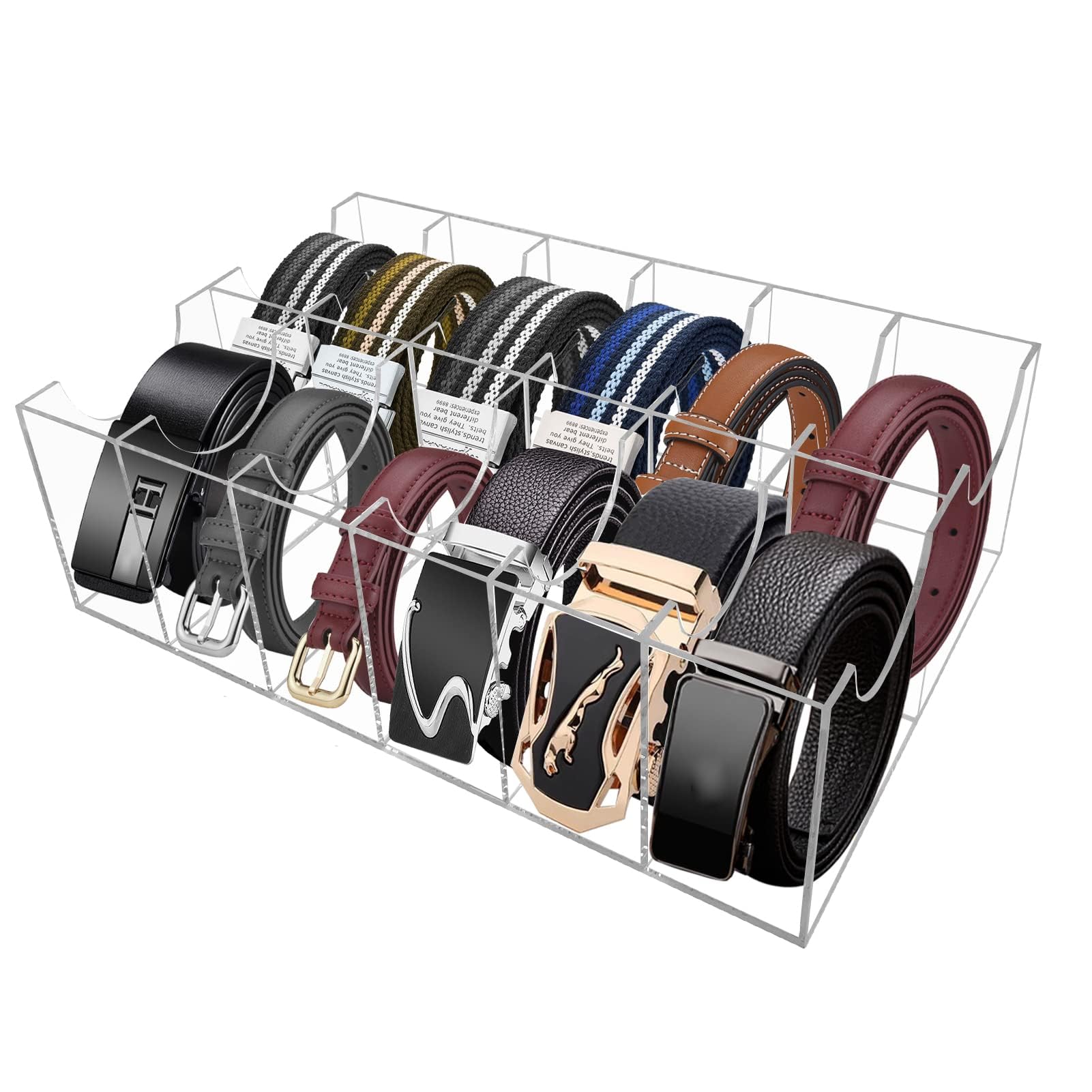 YEXEXINM Acrylic Belt Organizer, 12 Compartments Belt Storage Holder, Clear Belt Display Storage Box