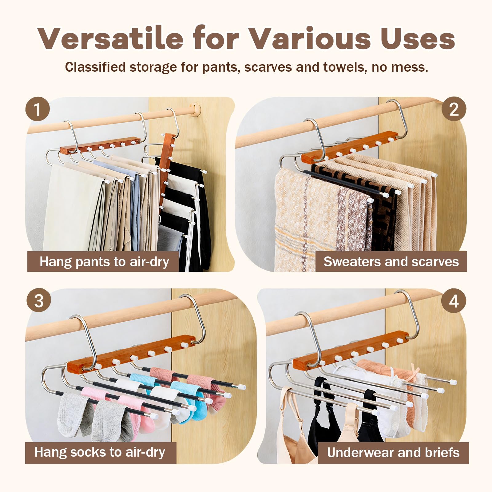 Trouser Hangers Space-Saving, 2 Pack Wooden Foldable with Anti-Slip Hooks