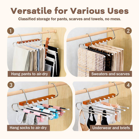 Trouser Hangers Space-Saving, 2 Pack Wooden Foldable with Anti-Slip Hooks