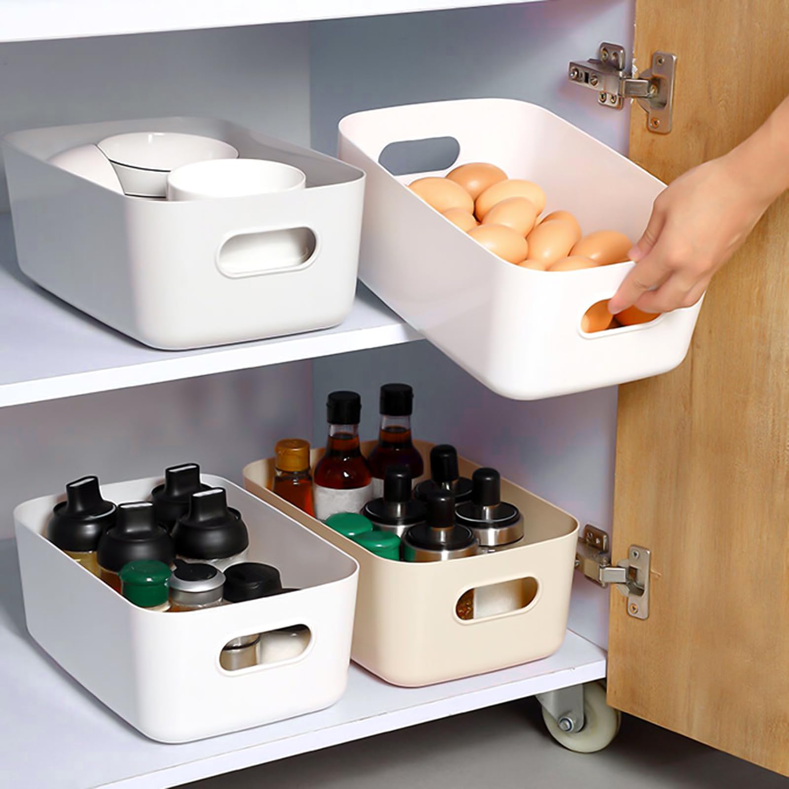 MAHIONG 15 PCS White Plastic Storage Boxes, 25 x 16.5 x 10cm White Storage Baskets with Handle, Kitchen Cupboard Organiser