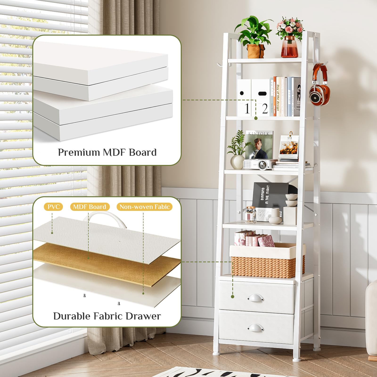 Wooruy 5 Tier Narrow Bookshelf with 2 Fabric Drawers Corner Ladder Shelf