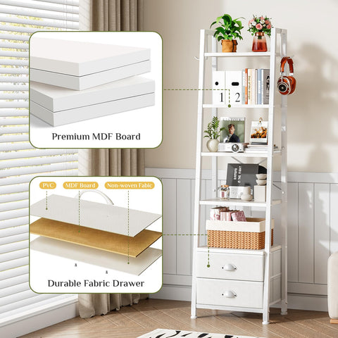 Wooruy 5 Tier Narrow Bookshelf with 2 Fabric Drawers Corner Ladder Shelf
