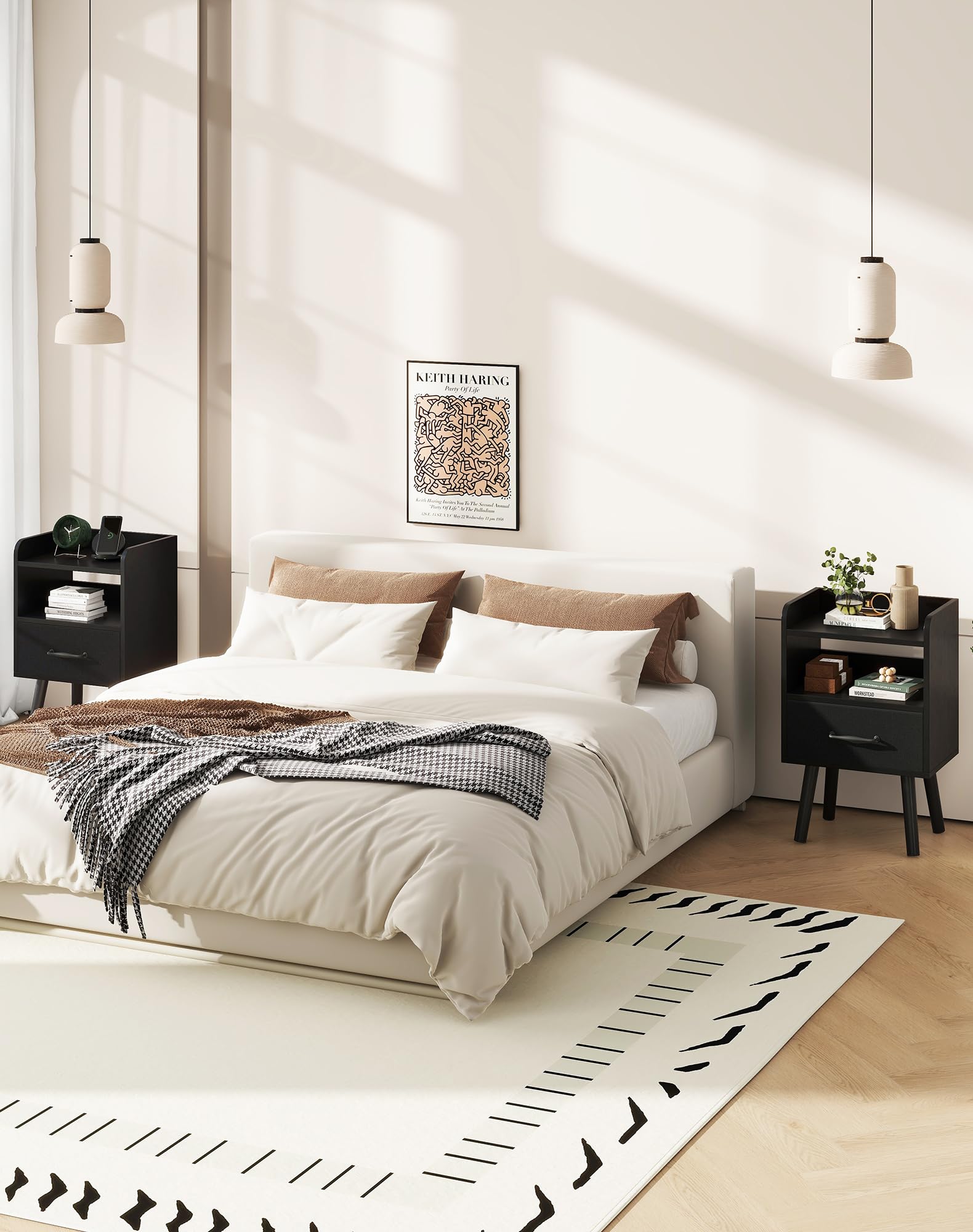 YMYNY Bedside Table Set of 2, Nightstand, Side Table, Wooden Sofa End Table with Fabric Drawer, Open Shelf, Solid Wood Legs, 39x29x63 cm, for Bedroom