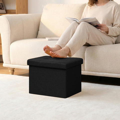 PINPLUS Linen Ottoman Storage Box with Lid, 42x32x32 cm, Black