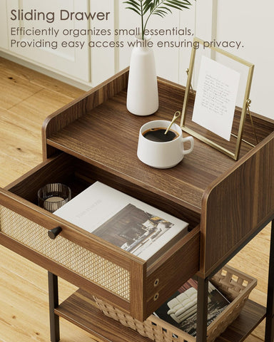 HEYZOEY Rattan Bedside Table, Walnut Modern Bedside Table with Storage Drawer and Shelf, Small Side Table for Bedroom, Living Room, Walnut Rattan