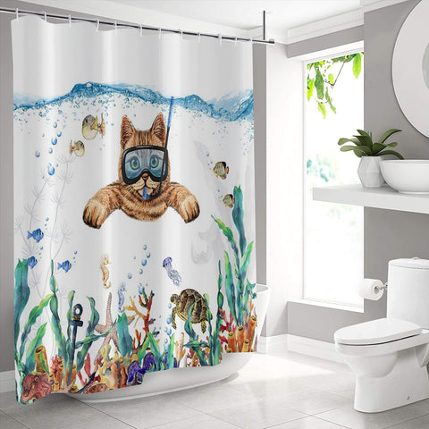 GCIREC Shower Curtain, 180x180cm, Abstract Cute Cat Funny Kitten Diving in Ocean Tropical Sea Turtle Starfish Waterproof Fabric Machine Washable