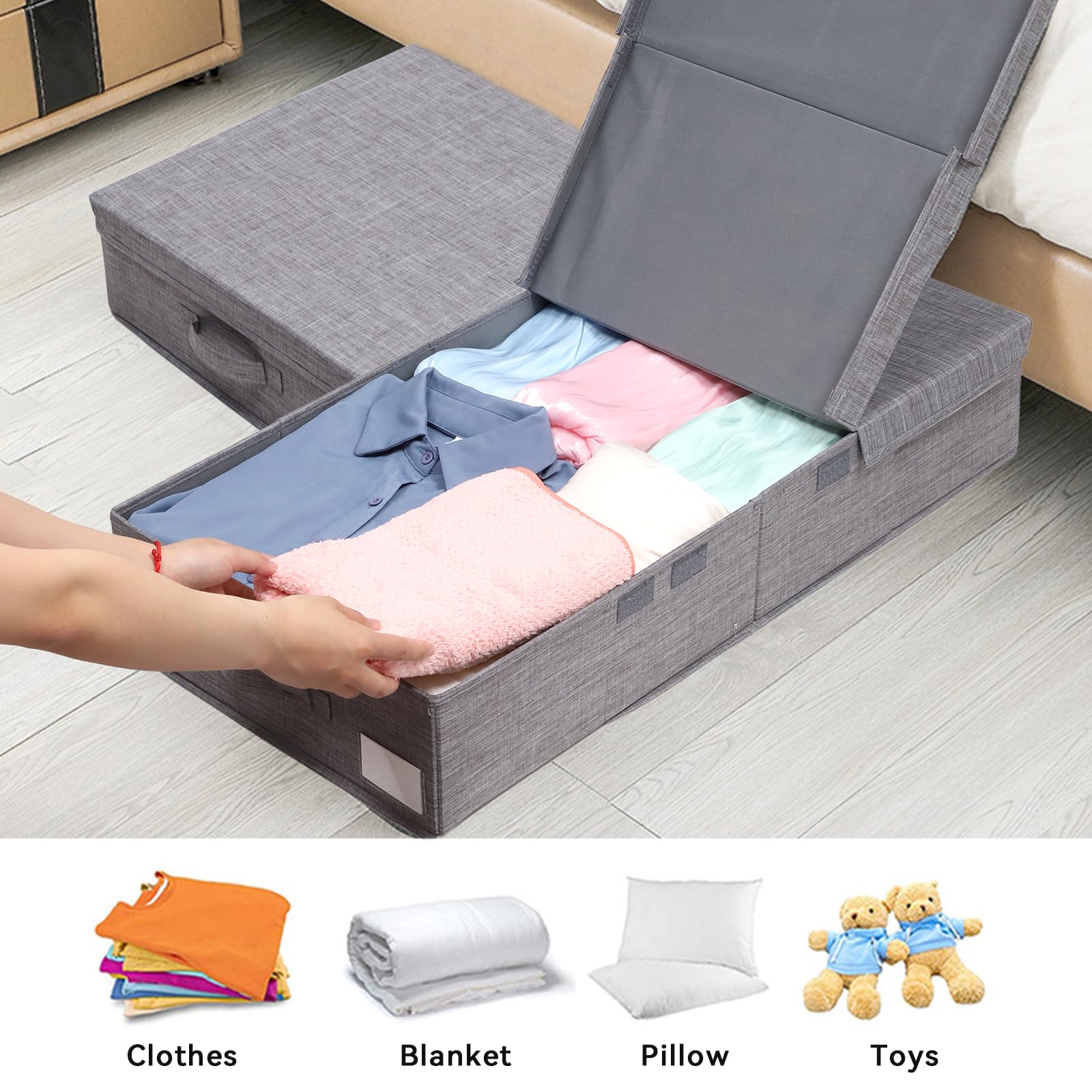 Dntorx 2 Pack 50L Under Bed Storage Boxes with Lids, Foldable, Grey