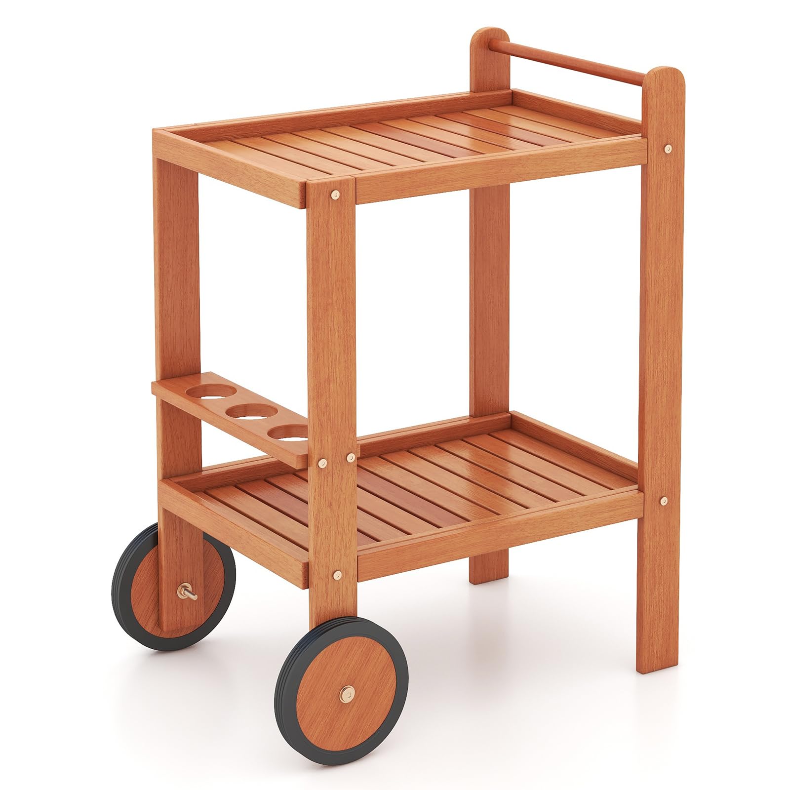 GiantexUK 2-Tier Serving Trolley, Wooden Bar Cart with Wine Bottle Holders, 2 Wheels & Handle