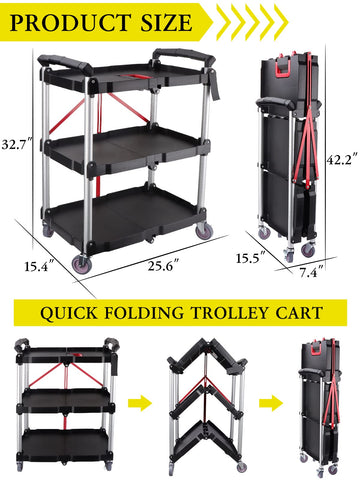 EBANKU 3-Tier Service Carts with Wheels, Foldable Rolling Cart with Locking Wheels Heavy Duty Kitchen Storage Shelves Garage Shelving Unit for