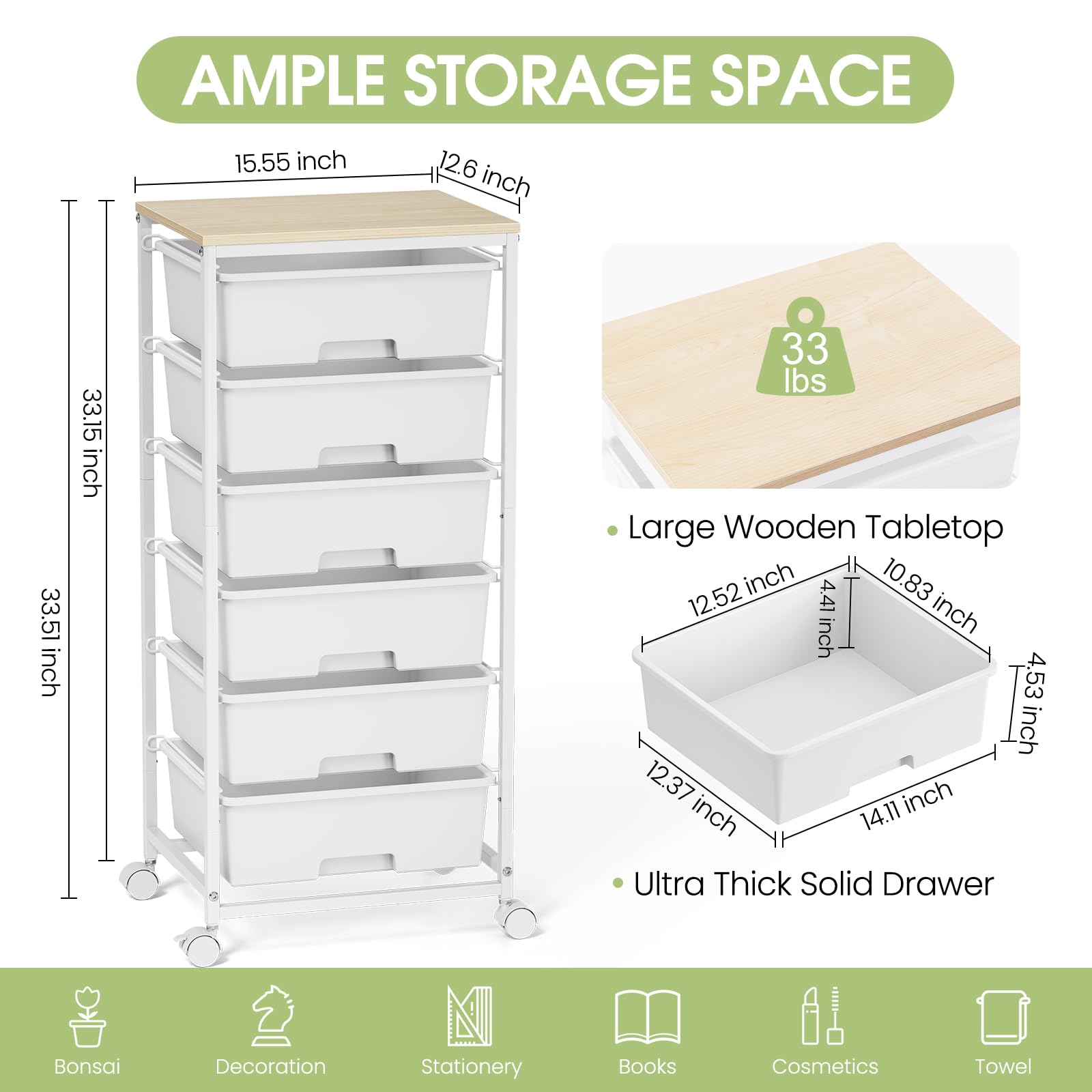6-Drawer Craft Organizer Trolley Cart with Wooden Top, White