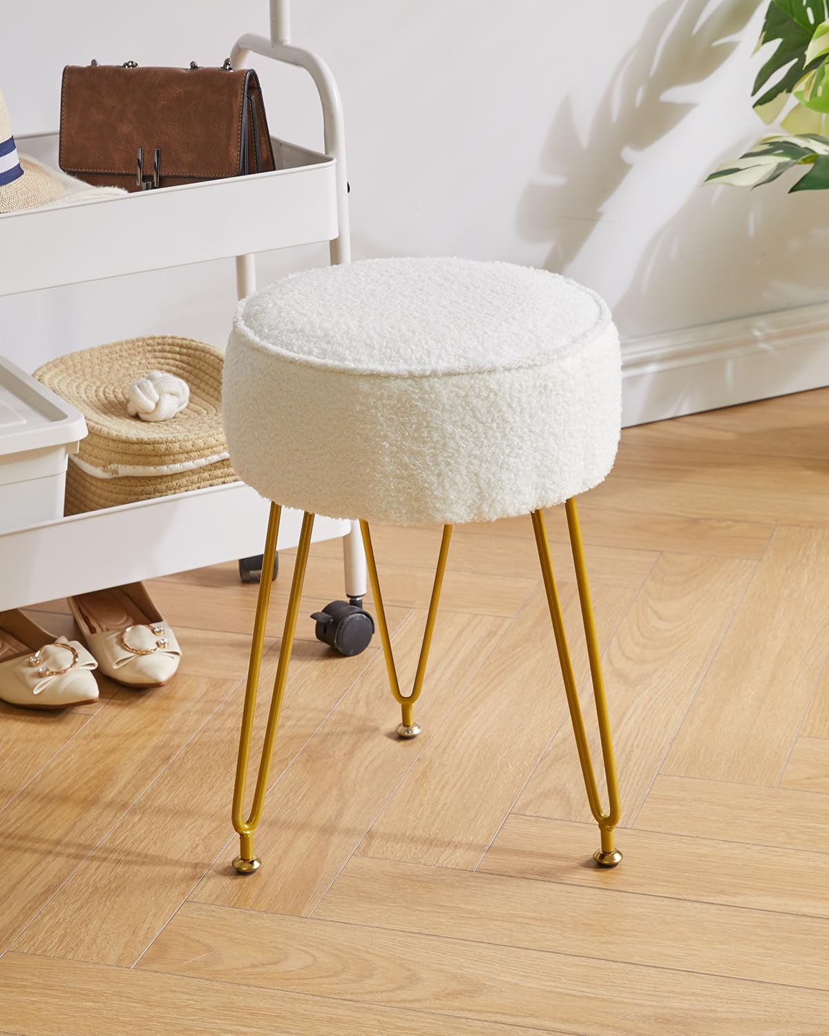 IBUYKE Makeup Vanity Stool Chair, Teddy Velvet Footrest, White WBD009W