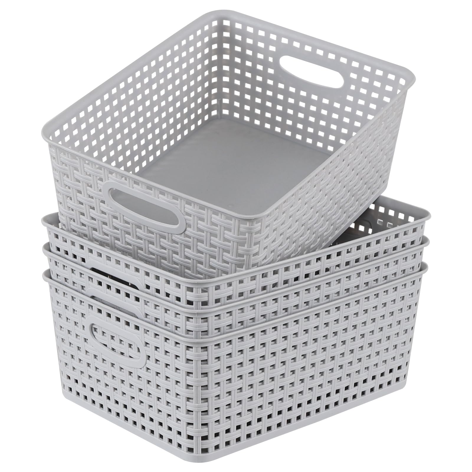 Yuright 4 Pack Plastic Woven Storage Baskets for Desktop Shelf, Light Gray