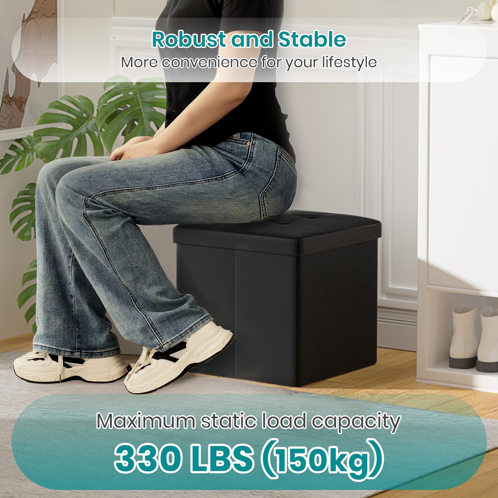 Oak & Tea Storage Ottoman, Foldable Storage Bench, Small Footrest, Cube Storage Unit, 1 Storage Boxes with Lid, Footstool