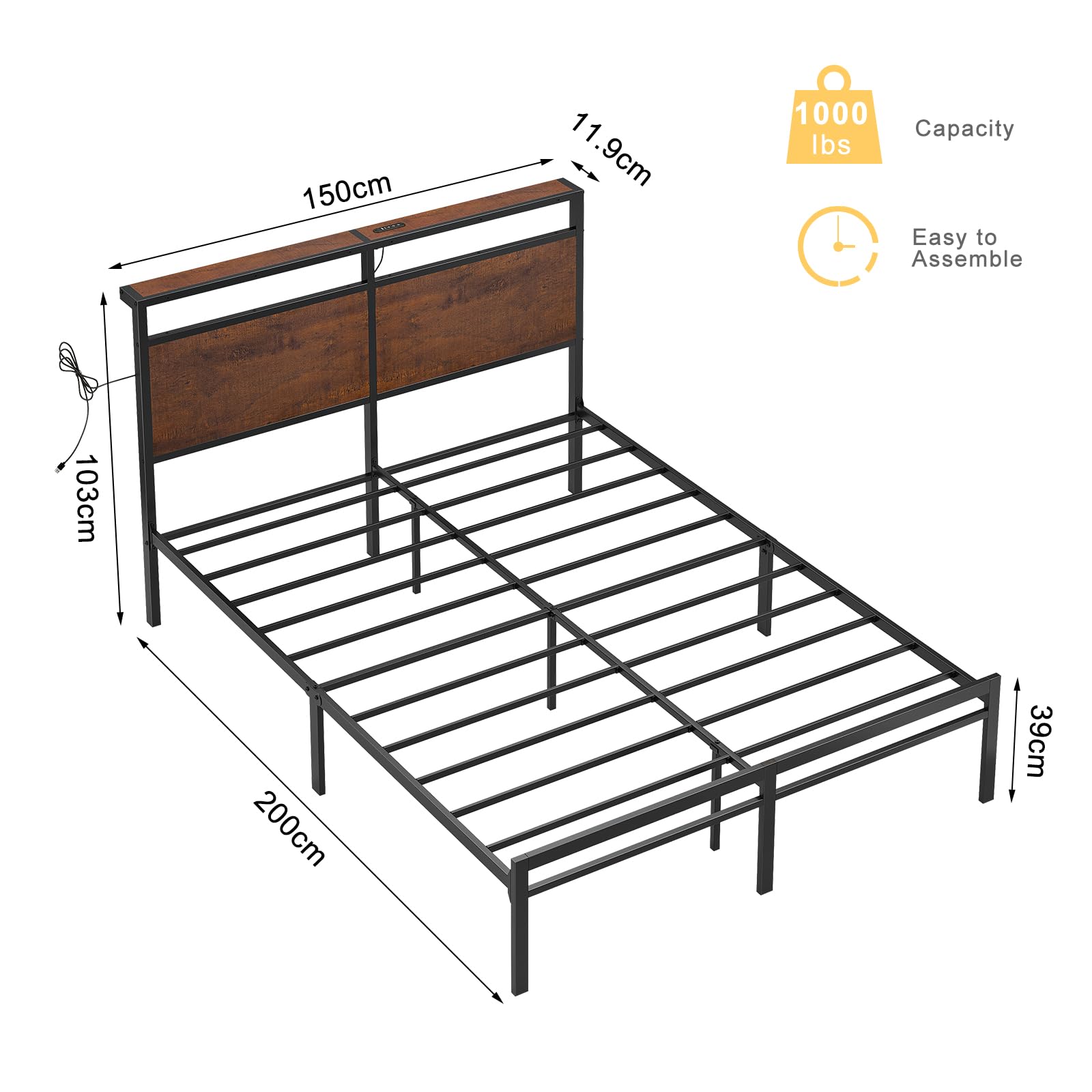 Mossora King Bed Frame with LED Headboard & Charging Station 150 * 200cm