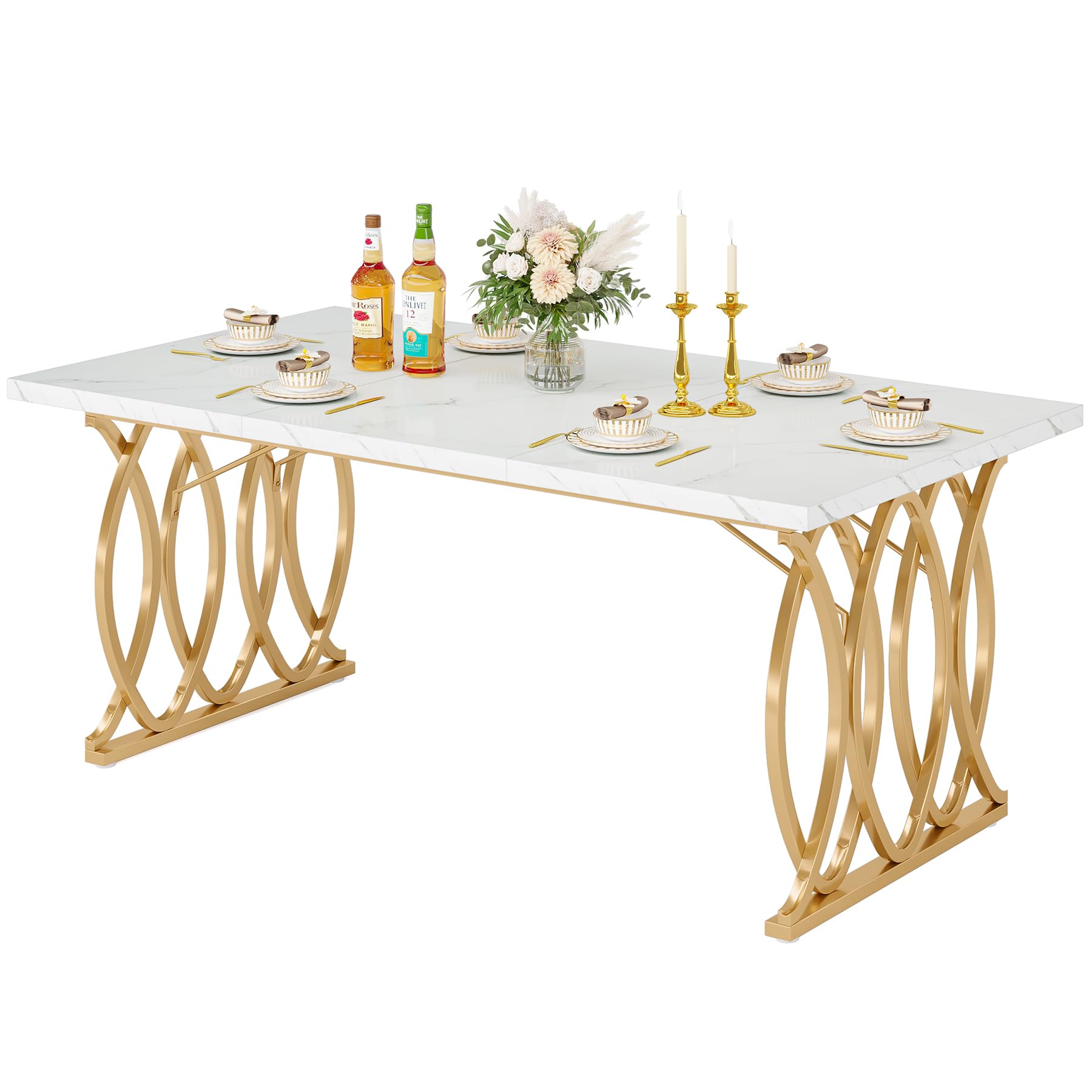 LITTLE TREE Modern Dining Table for 4-6 People, 63" Large Rectangular Kitchen Table with Faux Marble Tabletop and Geometric Legs