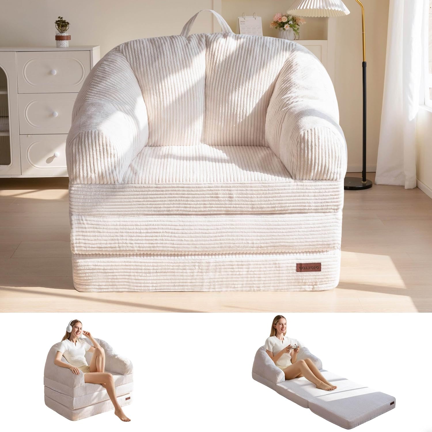 MAXYOYO Folding Sofa Bed with Backrest, Boneless Fold Out Couch Bed with Handle, 2 in 1 Convertible Bean Bag Chair to Floor Sofa Lounger