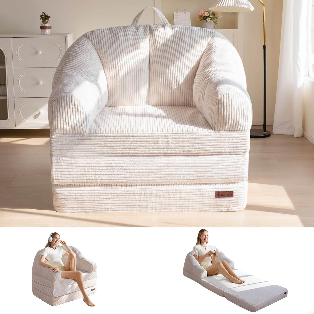 MAXYOYO Folding Sofa Bed with Backrest, Boneless Fold Out Couch Bed with Handle, 2 in 1 Convertible Bean Bag Chair to Floor Sofa Lounger