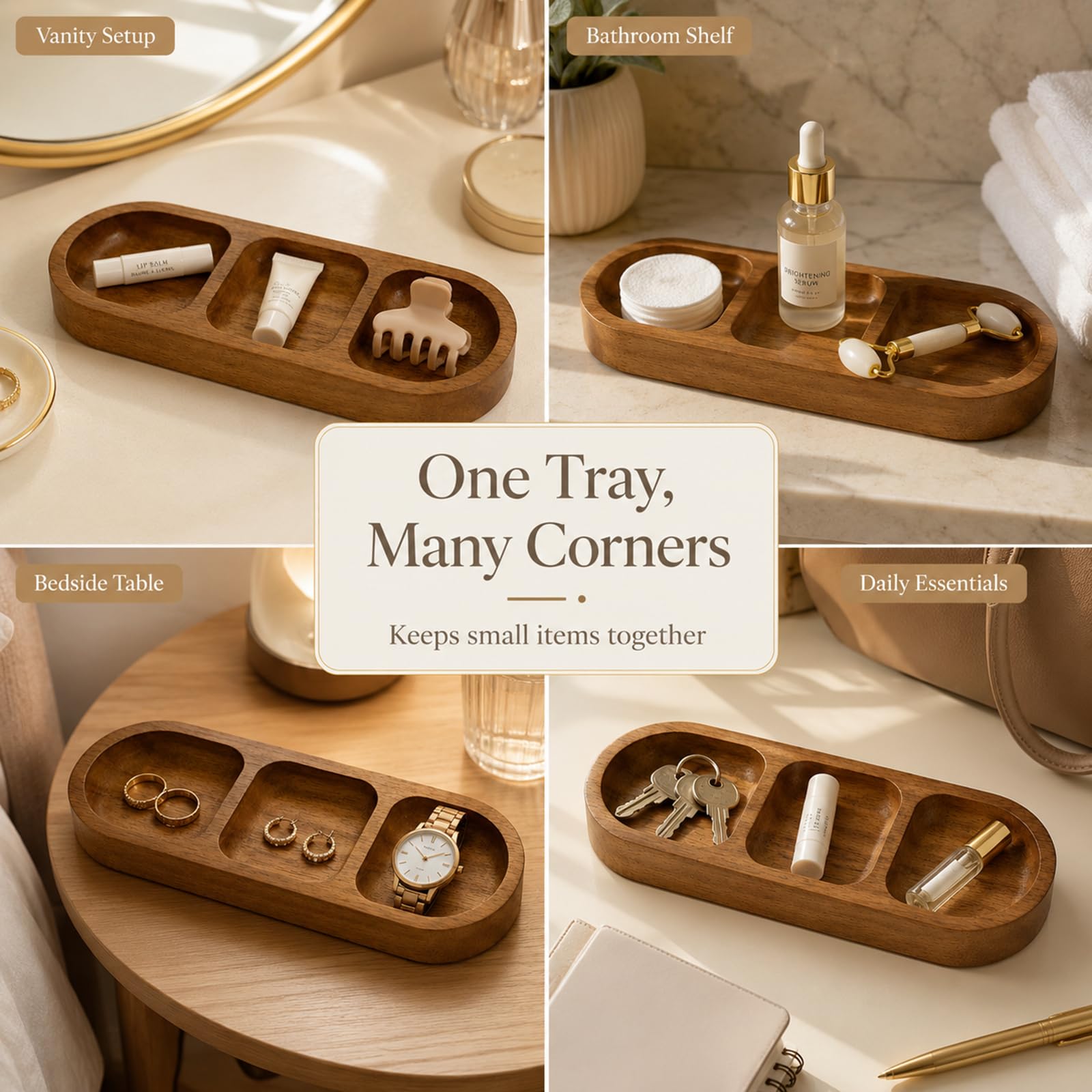 Wooden Bathroom Vanity Tray, Brown, 3 Compartments, Countertop Organiser