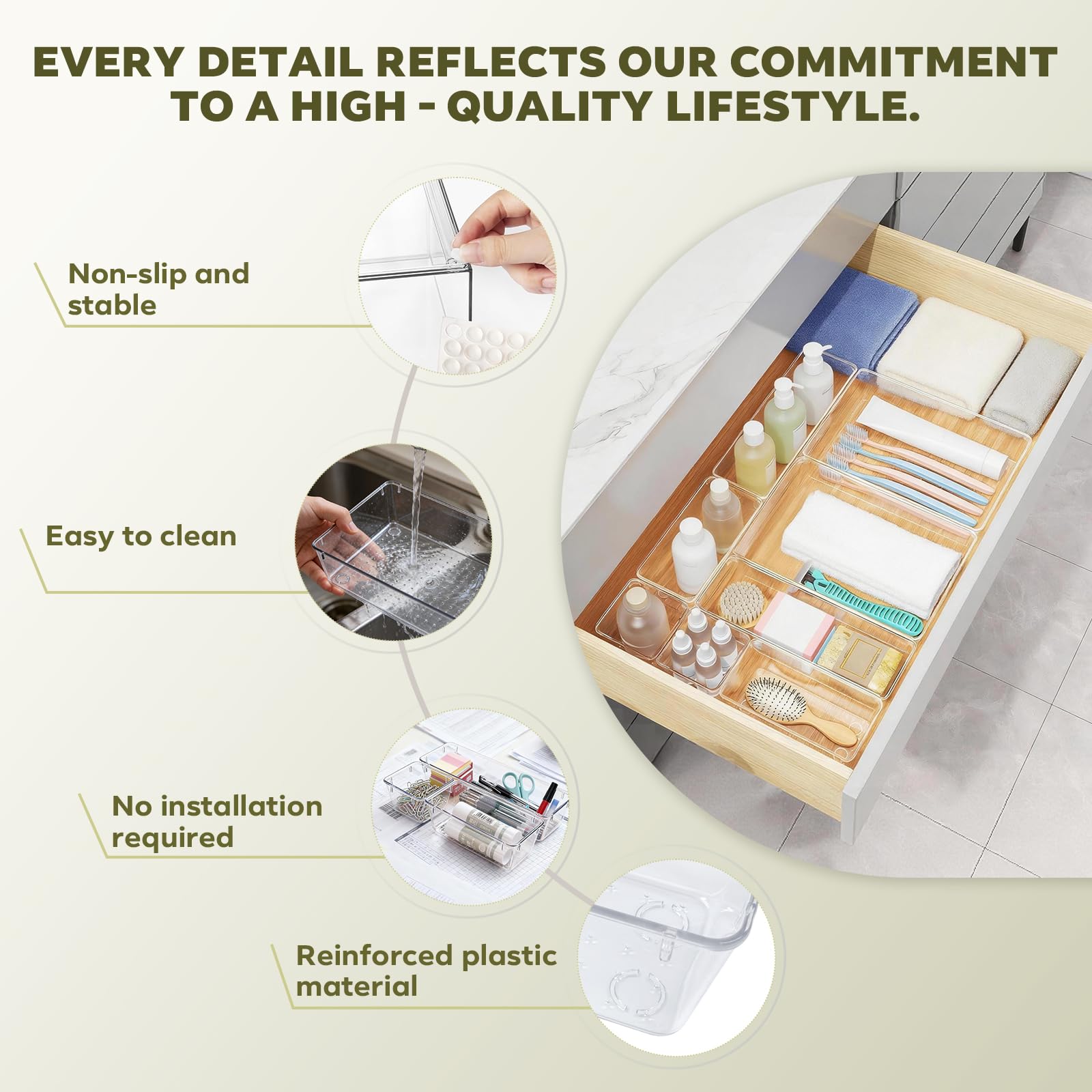 Ribech 12-Piece Drawer Organiser Set, 4 Sizes with 50 Non-Slip Dots, Stackable Storage Boxes for Makeup, Kitchen, Bathroom & Office, Crystal Clear