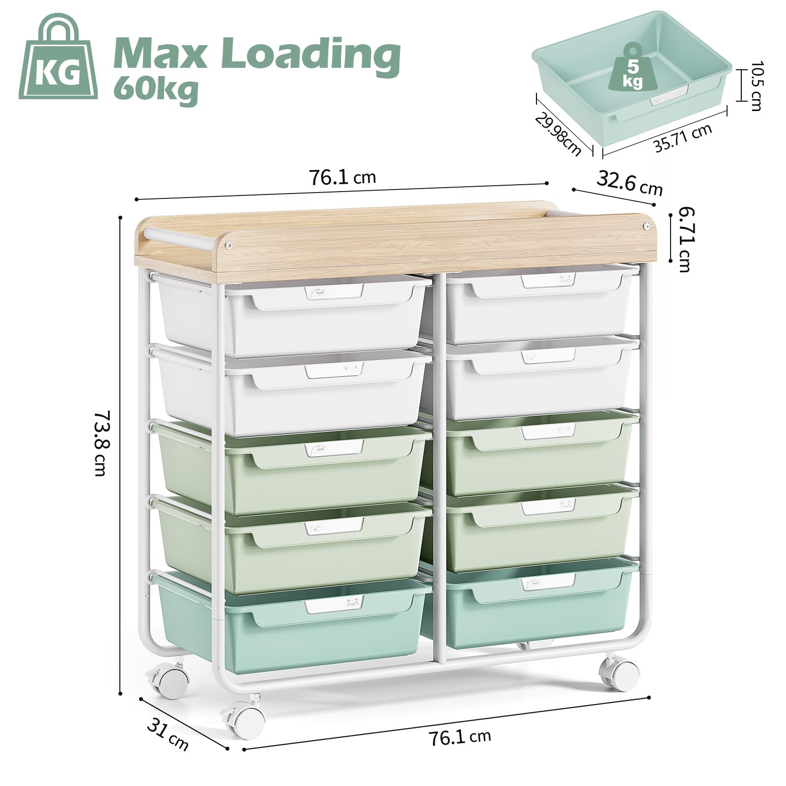10 Drawers Rolling Cart with Wooden Tabletop, Utility Storage Cart with Wheels, Art Supply Craft Organizer on Wheel with Metal Frame & Handles for
