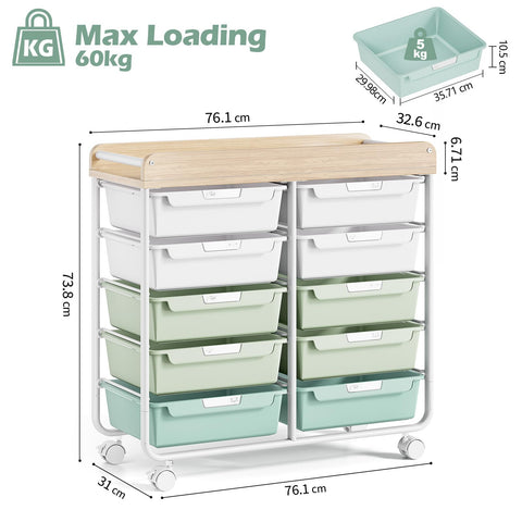 10 Drawers Rolling Cart with Wooden Tabletop, Utility Storage Cart with Wheels, Art Supply Craft Organizer on Wheel with Metal Frame & Handles for