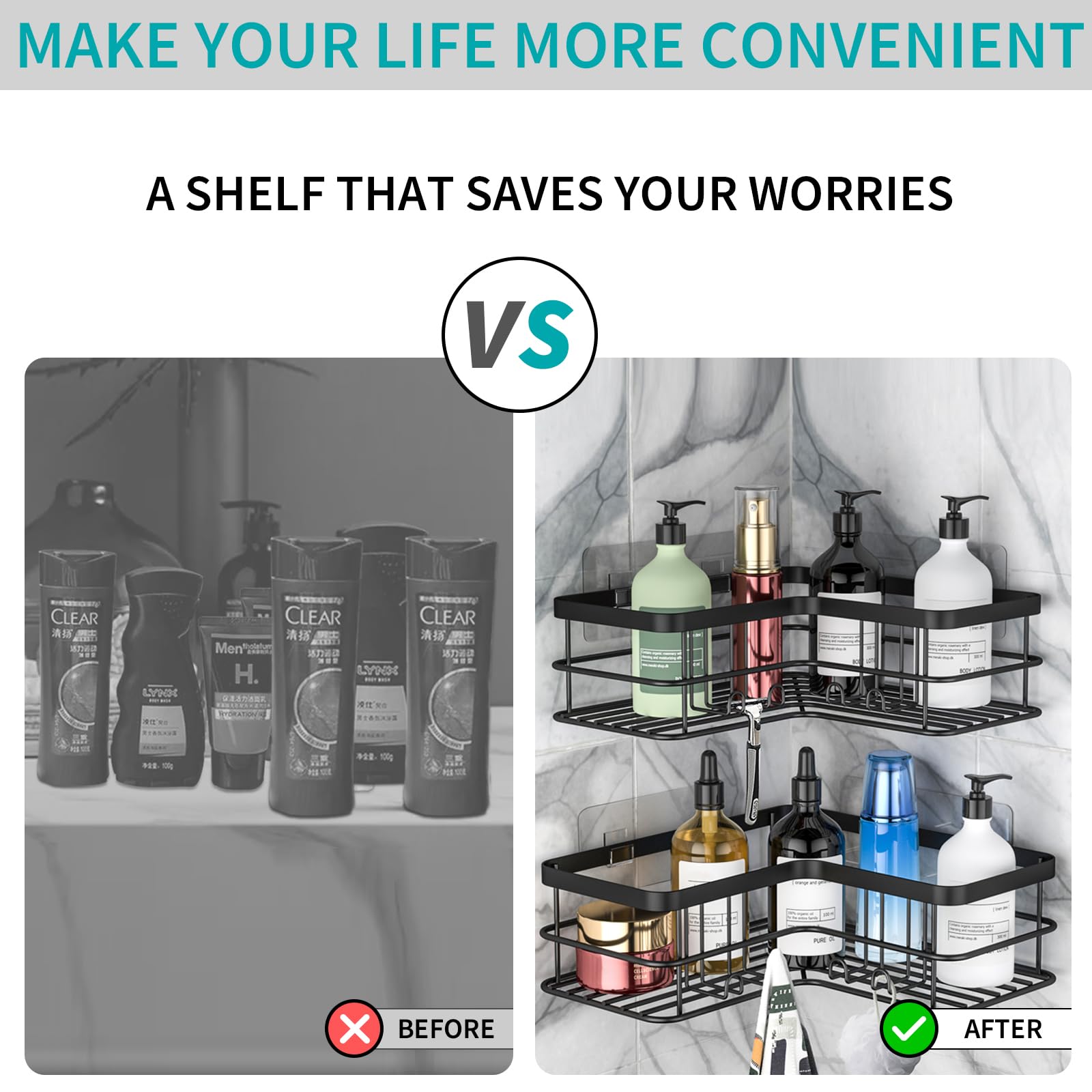 Yazoni Corner Shower Caddy 2 Pack - Bathroom Shelves No Drilling, Rustproof Stainless Steel Shower Storage Rack