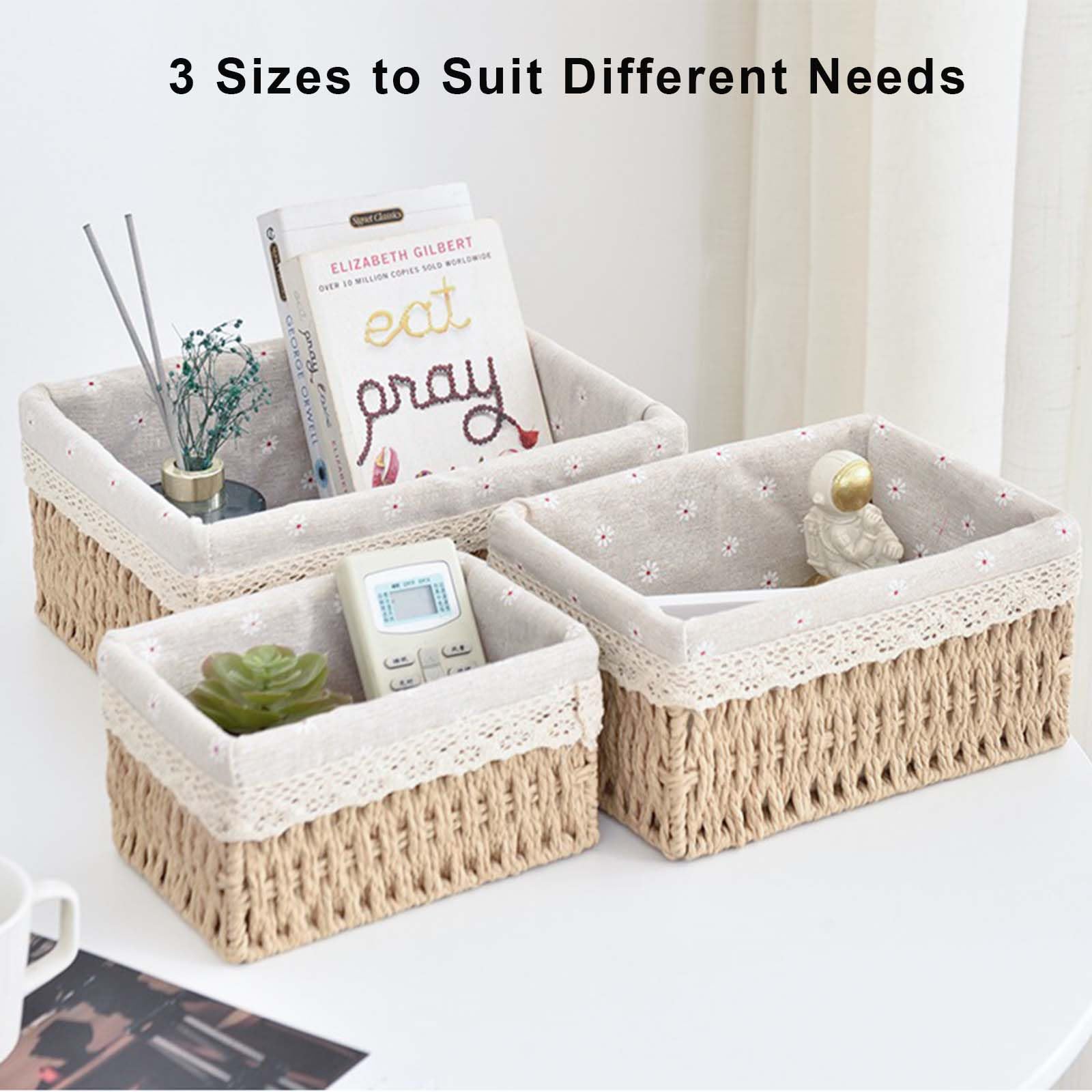 PALUDO Set of 3 Storage Baskets, 3 Sizes Wicker Bathroom Basket, Small Natural Paper Rope Changing Basket, Woven Hamper Baskets for Shelves