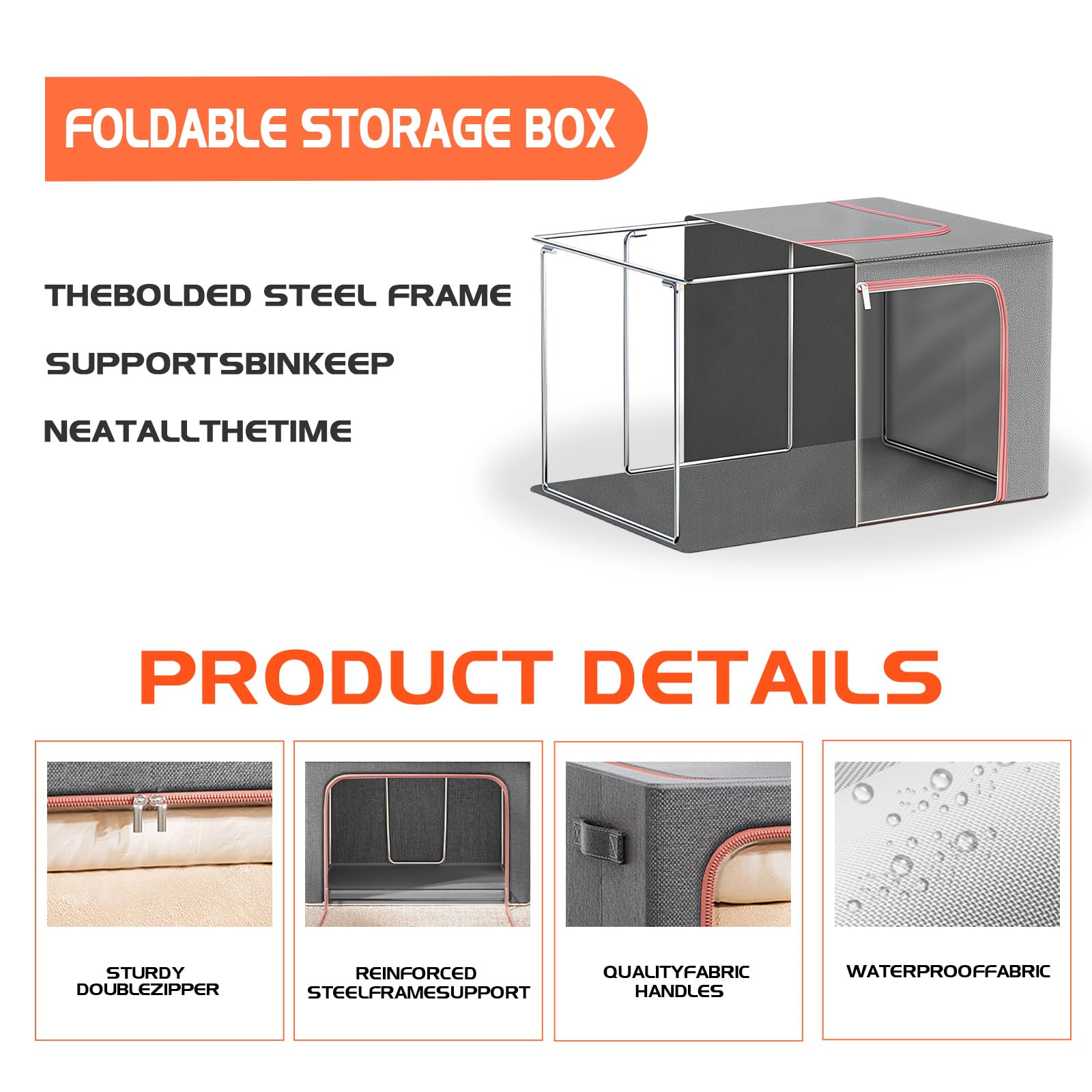 Resszo Large Clothes Storage Bag, 66L Foldable Oxford Cloth Steel Frame Box With Double Opening Zip And Clear Window, Sided Zip Top Lid