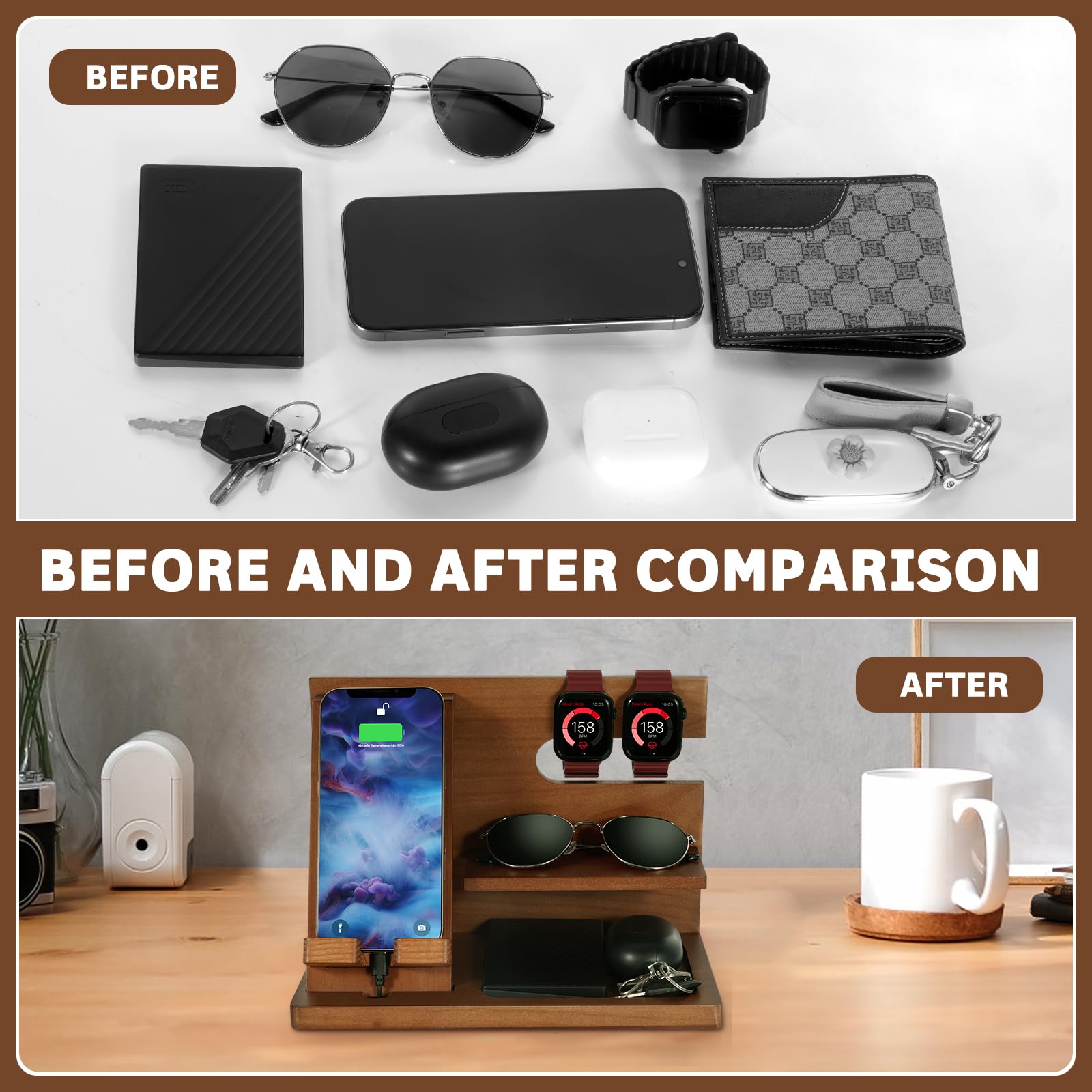 Fathers Day for Dad, Dad Birthday Gifts, Wood Phone Docking Station, Bedside Table Organiser, Presents for Father