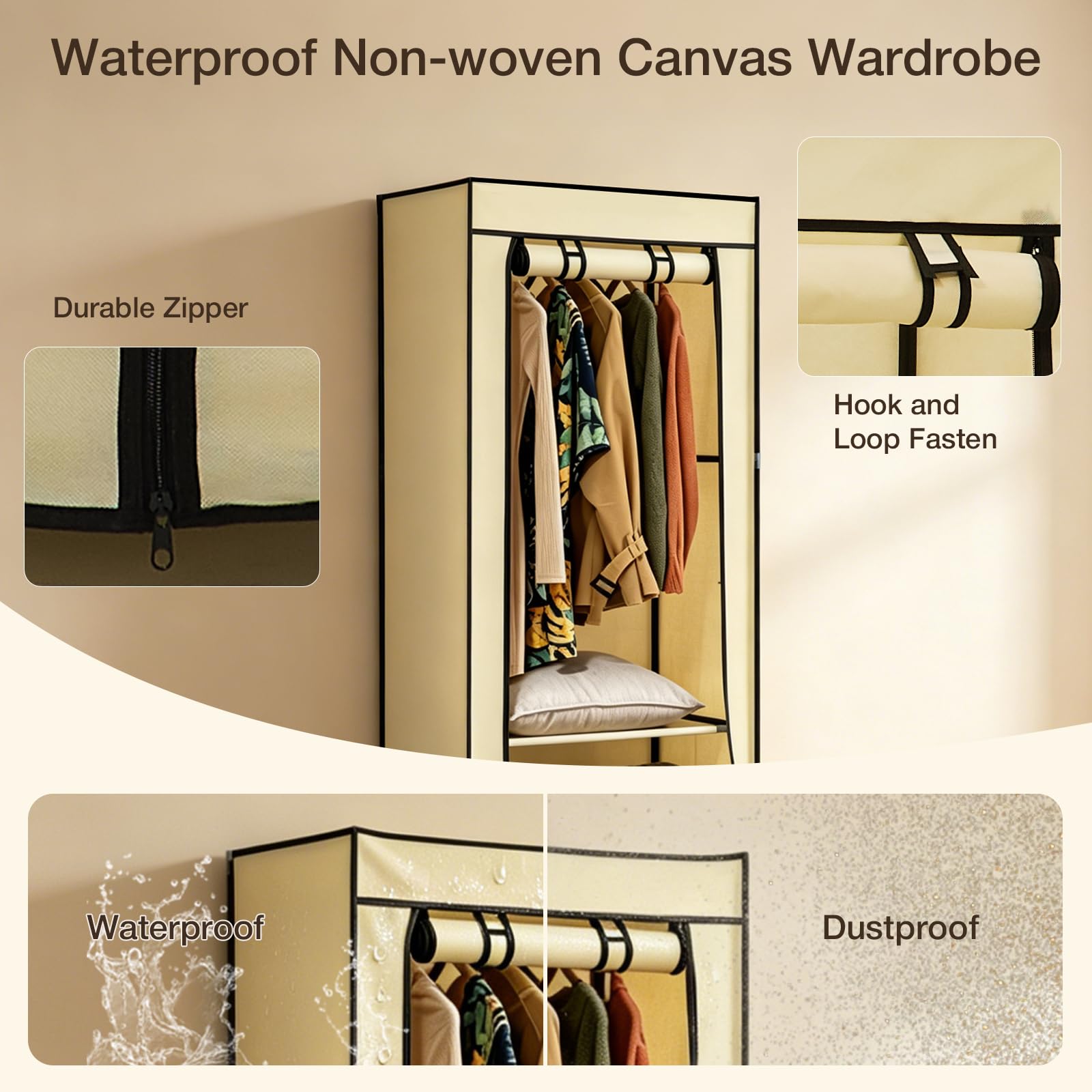 Single Canvas Wardrobe with 2 Drawers and Hanging Rail 160 x 59 x 43CM