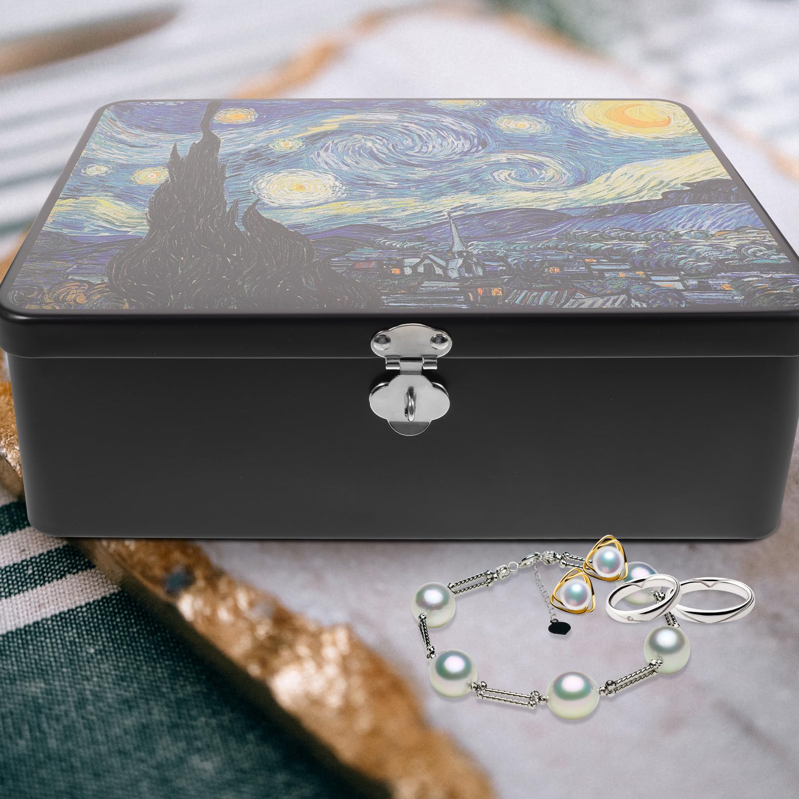 Zerodeko Tinplate Storage Box with Lock Metal Tin Box for Jewellery Rings and Earrings Desktop Storage Container for Gifts and Small Items 9.65 X
