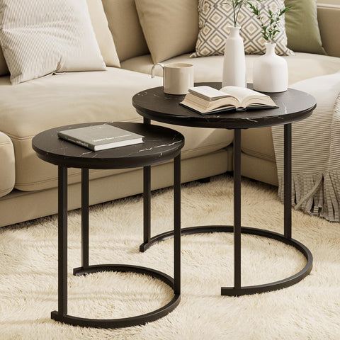 HEYZOEY Round Coffee Tables, Removable Set of 2 End Table, Nesting Table, Side Table with Black Metal Frame Legs and Marble Black Top for Living Room
