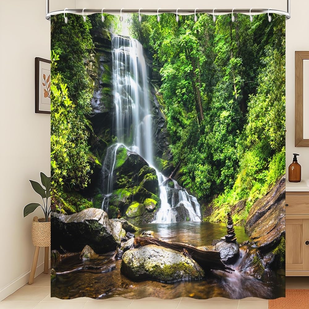 Xiaoterna Nature Shower Curtain Spring Waterfall Bathroom Curtain Tropical Jungle Green Forest Landscape Moss Stone River Washable Shower Curtain