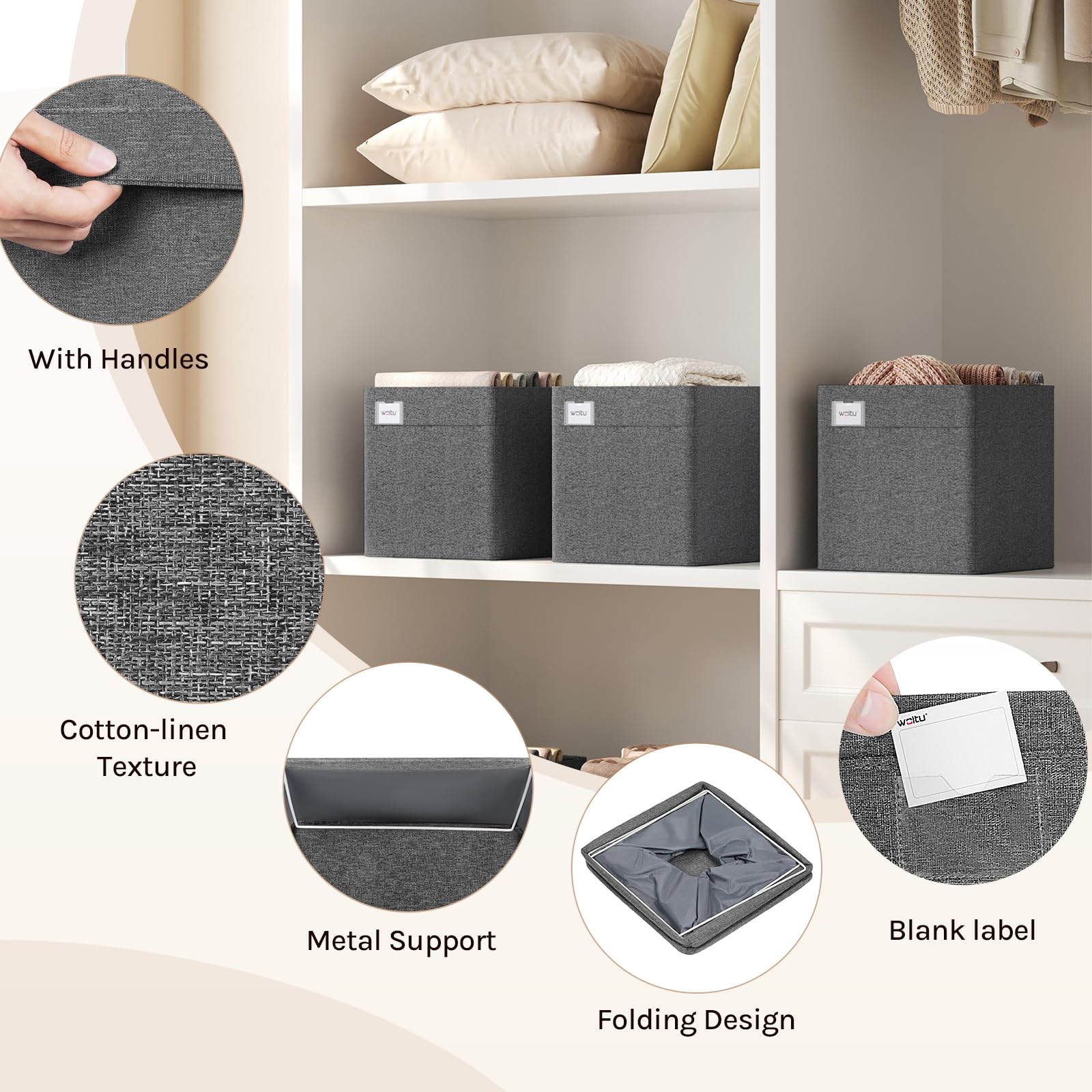 WOLTU Collapsible Storage Boxes Set of 5, Fabric Storage Cubes with Handles and Label Holders, Wardrobe Organisers for Shelves, Bedroom, Living Room