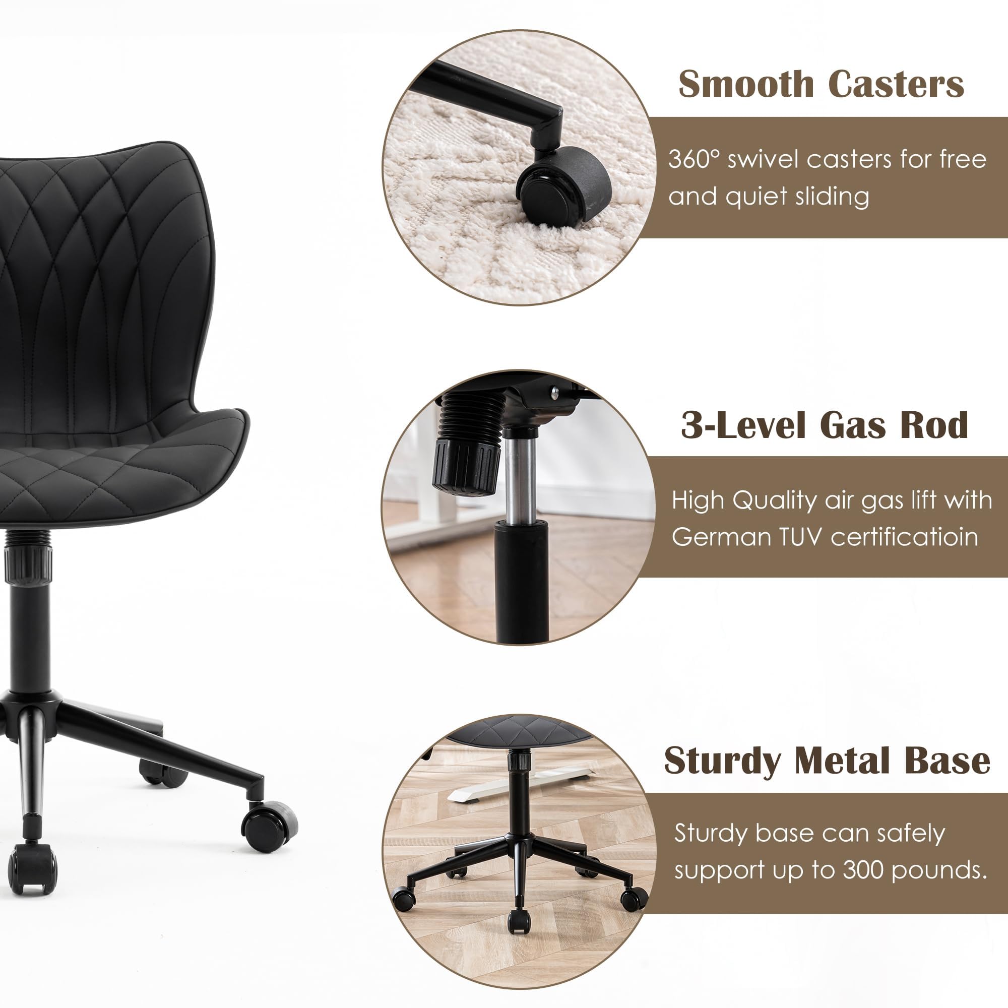 YOUNUOKE Desk Chair Adjustable Home Office Chair with Wheels, Black