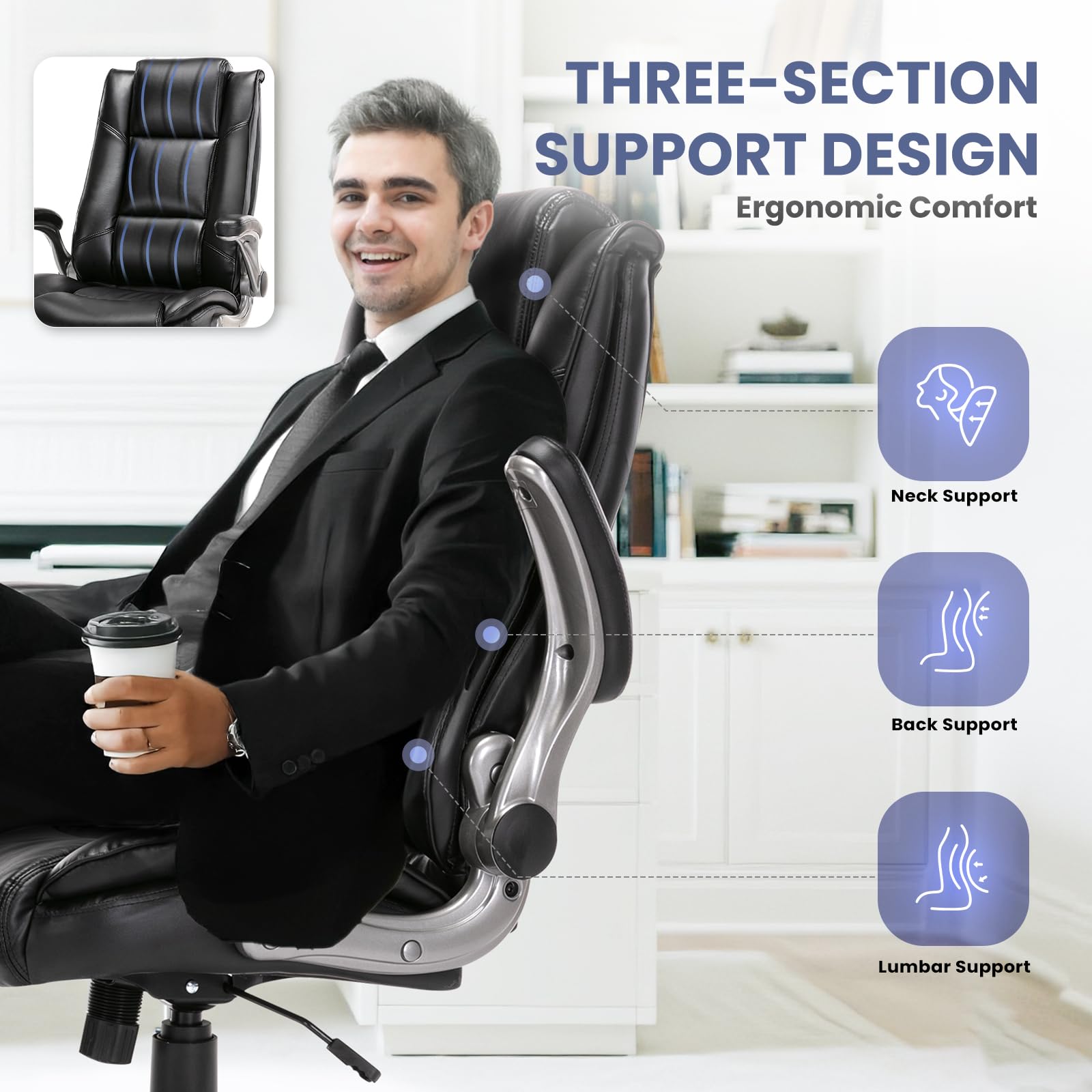 COLAMY Leather Executive Office Chair, Ergonomic Computer Chair with High Back, Spring Cushion Desk Chair for Home Office with Padded Flip-up Arm