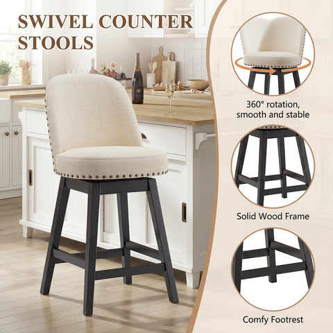 Bar Stools Set of 6, 360° Swivel Counter Stools with Upholstered Seat, Wooden Frame & Nailhead Trim