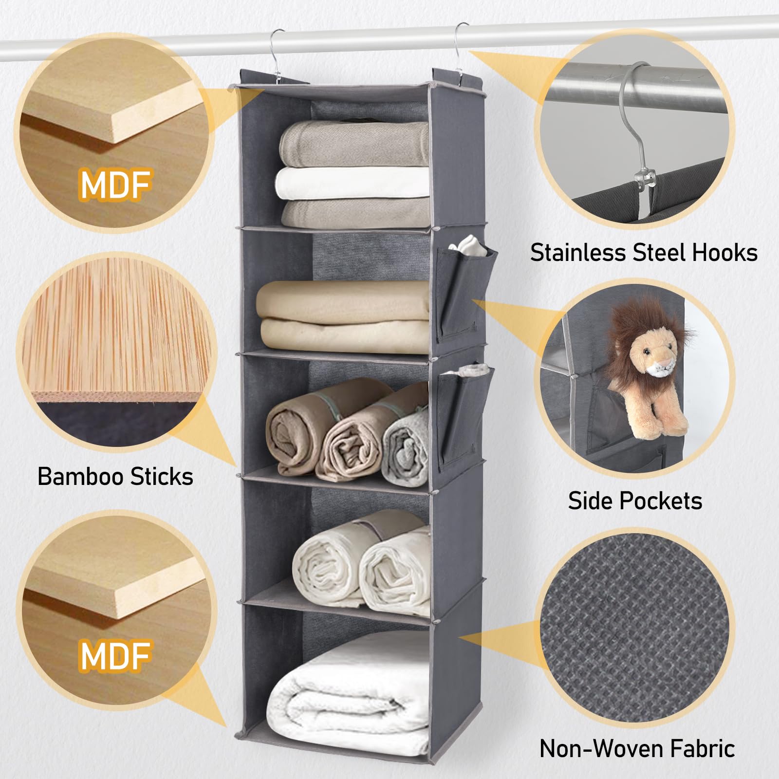 DPWEION Hanging Storage Shelves with 5 Shelves Foldable Hanging Wardrobe Closet Organiser Unit with 2 Side Pockets for Clothes Accessories for